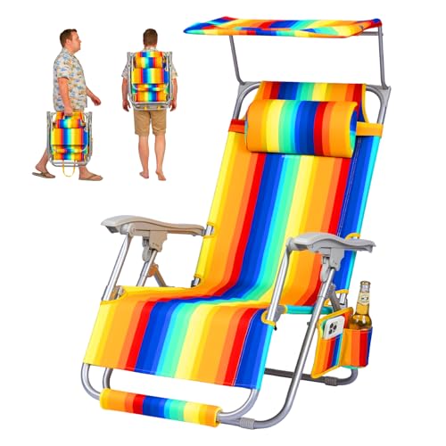 Lightweight Backpack Beach Chair for Adults, Patio Zero Gravity Chair with Canopy, Outdoor Adjustable Folding Reclining Lounge Chair with Cup Holder Pillow,Lawn Garden,Sand (Rainbow Stripe)