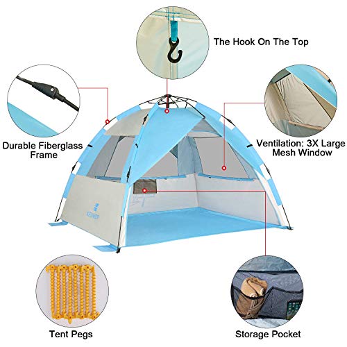 G4Free Deluxe XL Pop Up Beach Tent, 3-4 Persons Easy Setup Sun Shelter Canopy with UPF 50+ UV Protection Extral Wide 70.9 in - color: Large New Light Blue