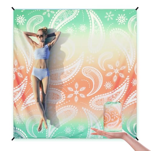 AISPARKY Beach Blanket Waterproof Sandproof Quick Drying Beach Mat Extra Large Outdoor Picnic Blanket for Travel Camping Hiking - color: Paisley-greenorange, size: 79" X 83"