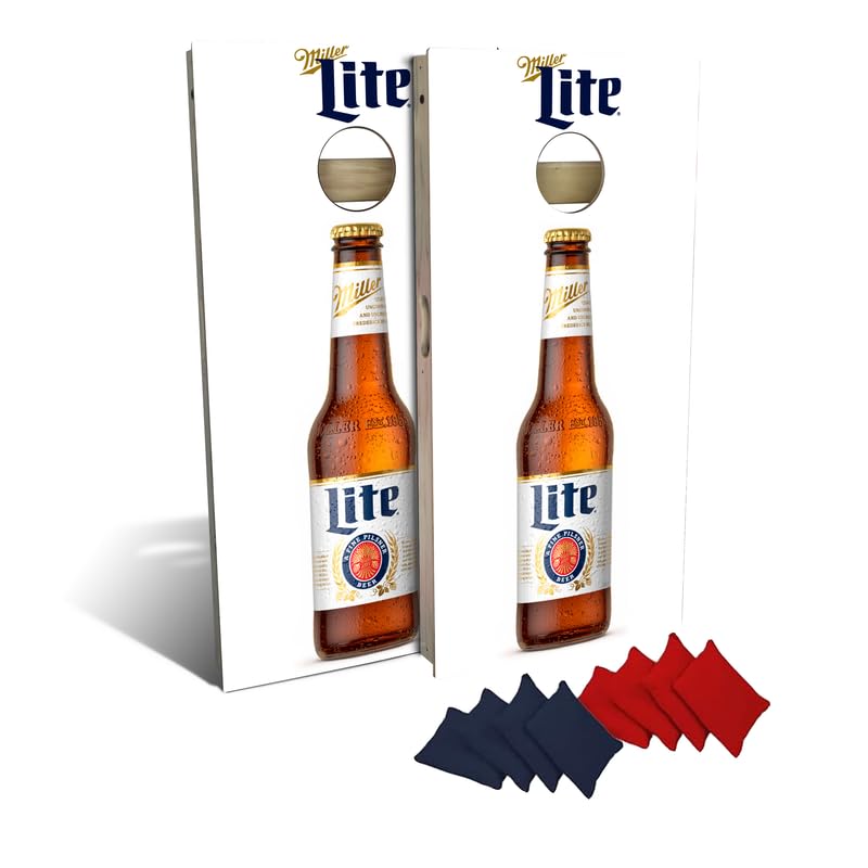 Slick Woody's Professional-Grade Cornhole Boards - 4'x2' Solid Wood Regulation Man Cave + Beer Branded Corn Hole Toss Game with 8 Resin Filled Bags - color: Miller Lite Bottle