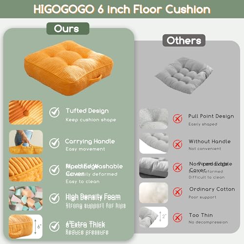 HIGOGOGO 6" Extra Thick Floor Pillow Cushion for Adults, Meditation Cushion Pillow, Large Square Floor Sitting, Tufted Corduroy Cover, for Tatami Living Room or Yoga, 22x22 Inch, Orange - color: Square Orange, size: 6" Thick(Pack of 1)