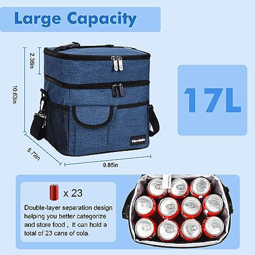 Tirrinia Large Insulated Lunch Box for Women Men, Double-Layer Leak-Proof Reusable Lunch Bag with 4 Pockets for Adult, Lunch Bag Cooler Tote for Office Work and Travel,Dark Blue - color: Dark Blue, size: Large Double Layer-17L