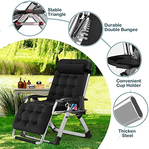 NAIZEA Padded Zero Gravity Chair, Folding Outdoor Lounge Chairs, Adjustable Reclining Camping Chairs with Cup Holder, Ergonomic Patio Lawn Chair for Balcony Beach Deck Yard - color: Black, style: Zero Gravity Chair 2 Pack