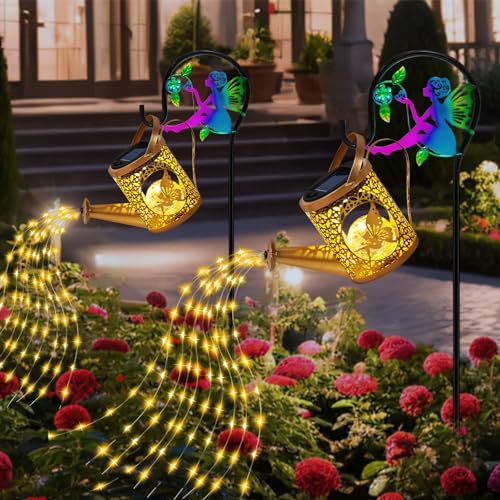 Solar Lights Garden Decorative, Solar Watering Can with Cascading Lights, Waterproof Metal Lantern with Fairy Shepherd Hook, Outdoor Decor for Yard, Patio, Gifts for Mother's Day, Women Mom - color: Fairy Set, size: 1 Pack