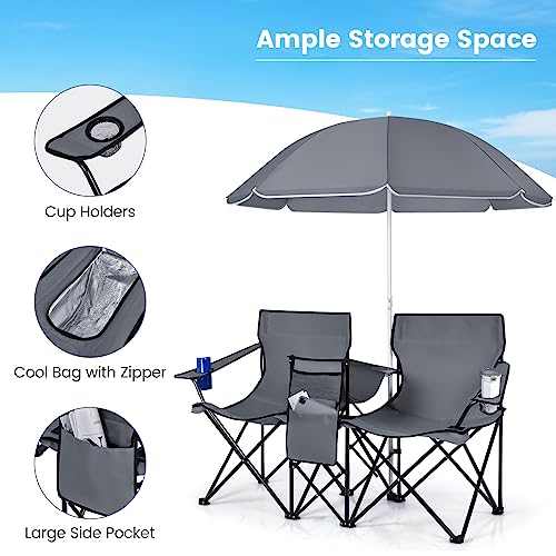 Double Camping Chair, 2-Person Portable Beach Chair w/Removable Umbrella, Cup Holders & Carrying Bag, Folding Loveseat Chairs for Adults Outdoor Picnic (Grey) - color: Grey