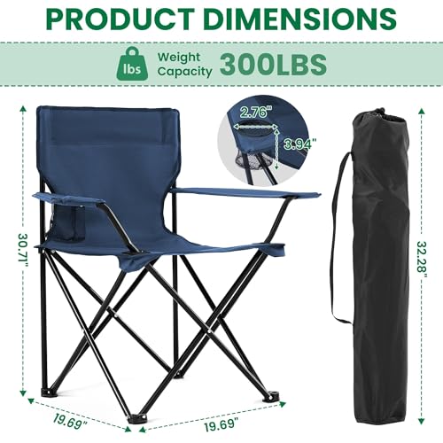 2-Pack Foldable Camping Chairs with Cup Holder, 300LB Lawn Portable Folding Chairs for Adults, Lightweight Outdoor Beach Chairs with Carry Bag for Camp, Fishing, Sports (Navy) - color: Navy, size: 2pcs