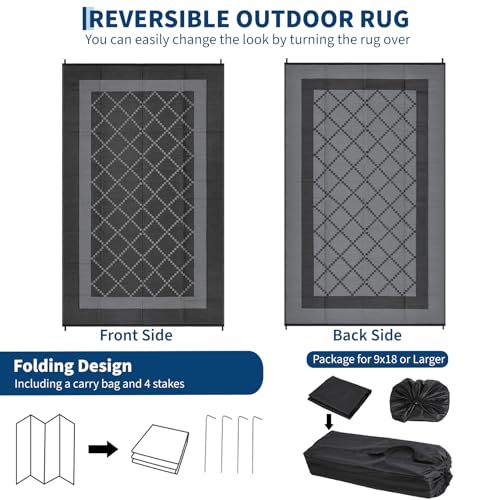 10x20 Outdoor Waterproof Rug Plastic Straw Reversible Rugs with Stakes & Carry Bag, UV-Resistant Modern Outdoor Carpet Foldable Camping Mat for Patio RV Backyard Picnic Black Grey - color: Geometric1 - Black&grey, size: 10' x 20' (Rectangular)