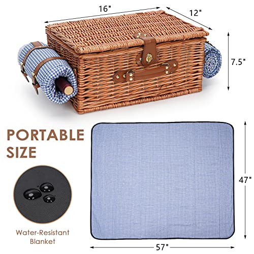 Picnic Baskets for 2, Picnic Basket with Waterproof Blanket, Picnic Basket Set with Washable Beach Mat & Large Insulated Cooler Compartment, Handmade Natural Wicker Hamper for Camping, Outdoor Party - style: BlueCheck-2P