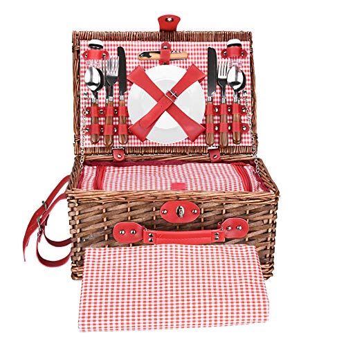 Picnic Basket Set 4 Person Wicker Picnic Basket Handmade Picnic Blanket Equipped with Incubator and Cutlery Suitable for Picnics in Lakeside Parks and Beach Vacations
