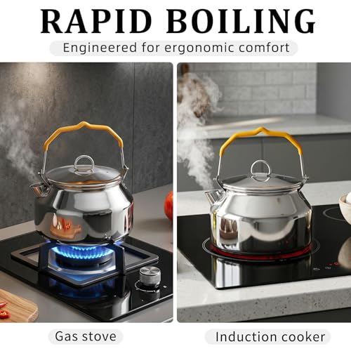 Camping Kettle, Portable Stainless Steel 1.4L Food Grade Water Kettle, Large Opening with Heat-Resistant Handle, Suitable for Gas, Induction Cooktop, Open Flame, Electric Stove, Silver