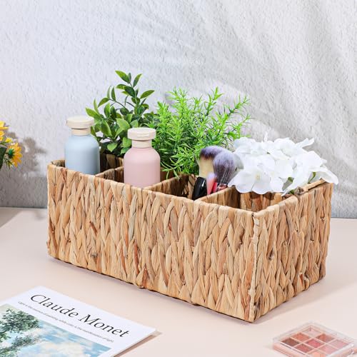 LLOUSSAK Utensil Caddy, Outdoor Silverware Caddy with Handle, Wicker Utensil Holder for Party, Woven Divided Picnic Basket as Cutlery Holder, Outdoor Party Essentials (5 Compartments)