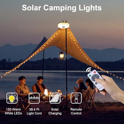 2-Pack Solar Camping String Lights, 39.4FT Portable Waterproof Camping Light with 8 Lighting Modes, Solar Powered and USB Rechargeable Tent Lantern with Remote Control for Camping, Garden and Hiking - size: 2 Pack