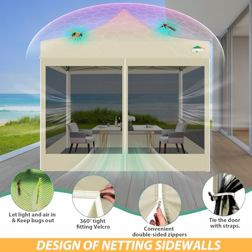 COBIZI 10x10 Canopy Tent with 4 Sidewalls,Heavy Duty Pop up Canopy with Mosquito Netting,Easy up Screen Tent for Parties Wedding Outdoor Camping with Handbag,Khaki - color: Khaki, size: 10x10FT(Standard)