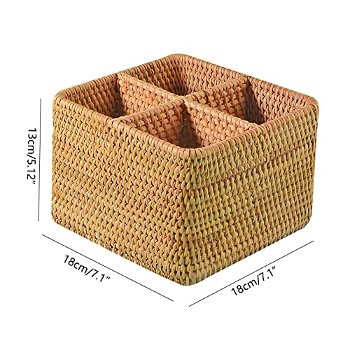 i-lan Natural Rattan 4 Compartments Cooking Utensil Silverware Organizer Holder Cosmetics Storage Box Cutlery Caddy Flatware Serving Basket (180mm 4-Compartment Box) - size: 7"(square 4-section)