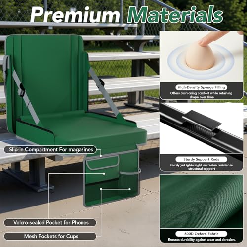 Stadium Seats with Back Support 1PACK Adjustable Bleacher Chairs with Back and Cushion Bleacher Seat with Cup Holder, Carry Handle & Shoulder Strap for Outdoor Sports Events, Picnics - color: Green-1pc-xl-large