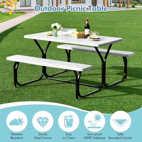 MEDIMALL Picnic Table, Portable Picnic Tables with Benches, Plastics Picnic Table Bench Set with Metal Frame & All Weather Tabletop, Large Camping Picnic Table for Outdoors, Backyard, Garden (White) - color: White
