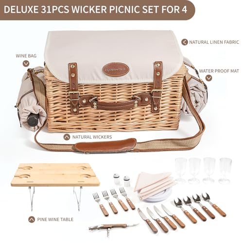 Multifunctional Wicker Picnic Basket Set for 4 Blanket Family Folding Wine Table,Insulated Portable Extra Big Storage Capacity Natural Woven Rattan Canasta De Full Tablewares Camping Outdoor Flowers - color: Nature