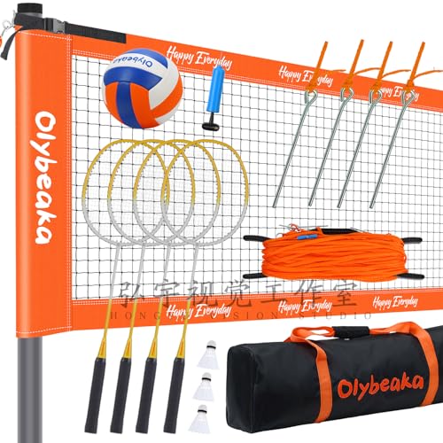 Badminton & Volleyball Combo Set 32 ft with Net, Anti-Sagging Design, 4 Badminton Rackets, 3 Birdies and PU Volleyball for Backyard Lawn Beach - color: Bright Orange