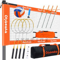 Badminton & Volleyball Combo Set 32 ft with Net, Anti-Sagging Design, 4 Badminton Rackets, 3 Birdies and PU Volleyball for Backyard Lawn Beach - color: Bright Orange