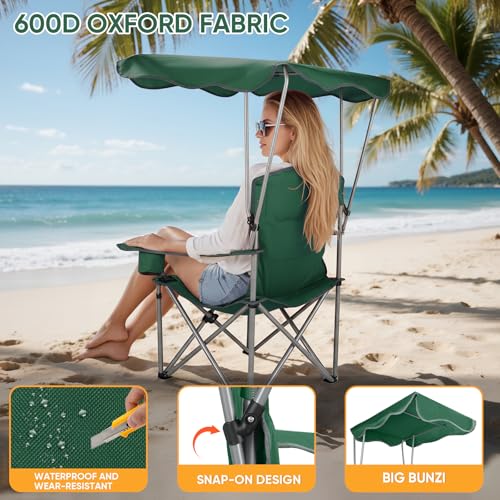 Northroad Folding Camping Chairs with Canopy Shade, Beach Chair w/Cup Holders, Armrests & Carry Bag for Outdoors Travel Sports Fishing, Green - color: Green