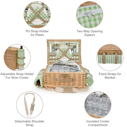 Picnic Basket for 4, Insulated Willow Picnic Baskets with Shoulder Strap, Picnic Hamper with Waterproof Picnic Blanket, Handmade Wicker Hamper for Outdoor Camping, GreenCheck - style: GreenCheck-4P