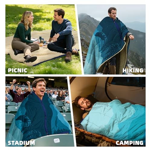 Outdoor Camping Blanket - Puffy Camping Blanket Packable,Sherpa Fleece Warm Blanket for Camping, Outdoors, Travel, Stadium, Festivals, Beach, Hammock 56"x 78" Machine Washable, DWR, Lightweight - color: Blue Mountain, size: 78 x 56 inches