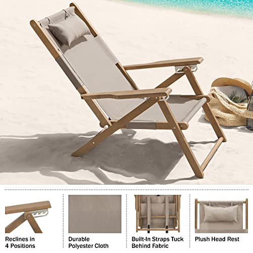 Lavish Home Beach Chair - Outdoor Weather-Resistant Wood Folding Chair with Backpack Straps - 4-Position Reclining Seat - Beach Essentials (Taupe) - color: Taupe, style: Set of 1