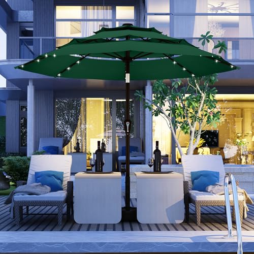 Kingdura 9ft 3-Tier Patio Umbrella with Solar Lights, Table Umbrella Outdoor Patio with Easy Crank & Tilt, 8 Sturdy Ribs, UV Protection, 32 LED Lights for Deck, Poolside, Market (Dark green) - color: Dark green-LED, size: 9 FT