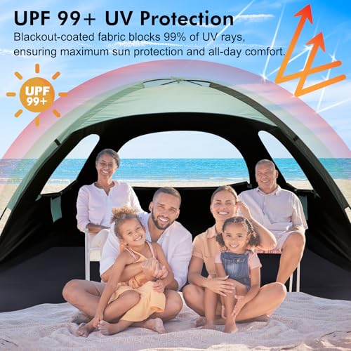 WhiteFang Beach Tent Anti-UV Portable Sun Shade Shelter for 3/4/6/8 Person, Extendable Floor with 3 Ventilating Mesh Windows Plus Carrying Bag, Stakes and Guy Lines - color: Blackout Shelter-Mint Green, size: 6 Person