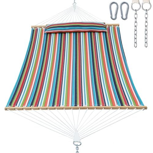 GAFETE Hammock 2 Person Quilted Fabric Hammocks for Outside, Double 12ft Hammocks with Spreader Bar, Large Removable Pillow, Storage Bag, Carabiners, Max 475 lbs Capacity (Tropical) - color: Tropical
