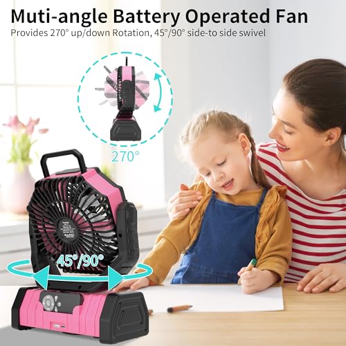 20000mAh Camping Fan Battery Operated Fans Portable,Portable Rechargeable Battery Powered Fan with LED Light,360°Oscillating & 8H Timer Camping Essentials Fans with Hook pink fan - color: Pink