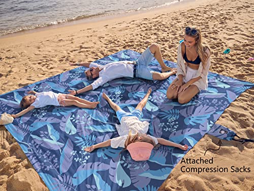 WEKAPO Beach Blanket Waterproof Sandproof Oversized, Extra Large Beach Mat Sand Free, Lightweight & Compact Sand Free Mat with 5 Stakes & 4 Corner Pockets - color: Blue Leaf, size: 8 x 7 FT (1～4 person)