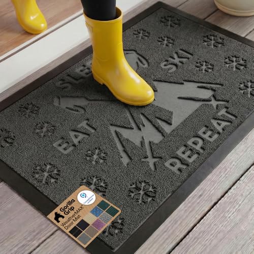 GORILLA GRIP 100% Waterproof All-Season WeatherMAX Doormat 35x23, US Designed Natural Rubber, Stain and Fade Resistant, Low Profile Indoor Outdoor Door Mats, Easy Clean Patio Mat, Graphite Skiing - color: Graphite Skiing, size: 35" X 23"