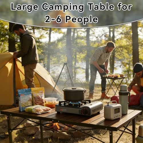 Seazul Camping Table, Large for 2-6 Persons, Supports 230 LBS, Foldable Roll-up Aluminum Camp Table with Carry Bag, Folding Portable Metal Outdoor Table for Picnic, Camp, Dining, Walnut Wood Grain