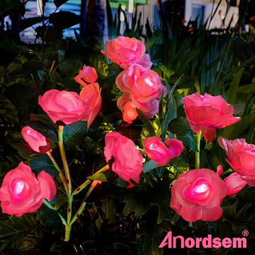 Anordsem Solar Garden Lights Outdoor: 10 Waterproof Fabric Roses 2 Pack - Pink LED Flower Decorations for Yard Patio Path Cemetery Grave - Mother’s Day Gift for Her Women Mom Wife - color: Pink, size: 2 Pack (LED luminous white)