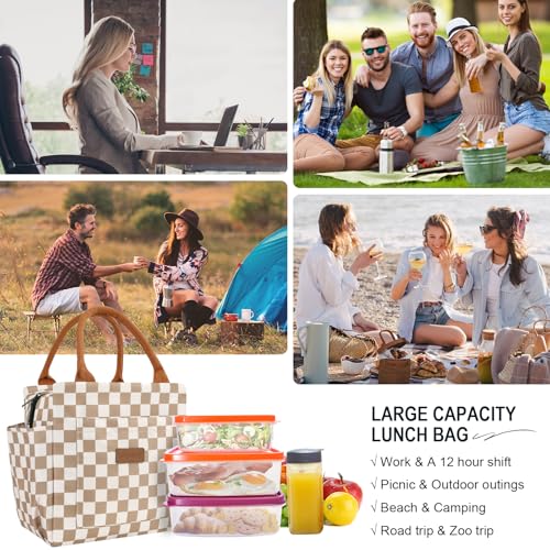 Joymee Lunch Bag Women Insulated Lunch Box Reusable Leakproof Large Spacious Cooler Tote for Women Men Adult with Bottle Holder and Side Pockets for Work Office Travel Picnic - Checker Brown - color: 04 Checker Brown