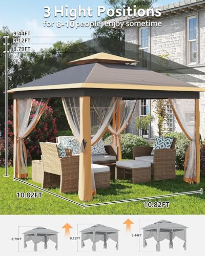 11x11 Pop - Up Gazebo with Mesh Netting, Easy Setup,Instant Outdoor Canopy Tent,Water & UV Resistant,for Family Patio & Garden Use