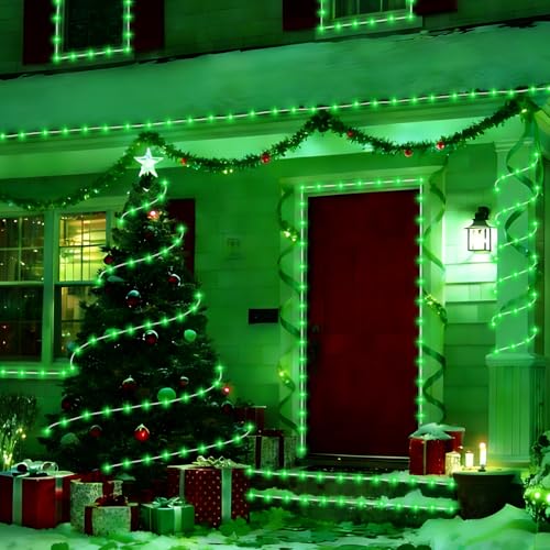 YEGUO Solar Rope Lights Outdoor Waterproof, 66ft 200 LED Green String Lights, 8 Modes Fairy Lights in Clear Thin Tube - color: Green