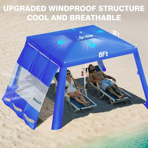 Rhino Valley Beach Cabana, 8 * 8FT Beach Tent UPF50+ Protection, Easy Setup Beach Canopy Wind Resistant with Cup Holder, Compact Beach Shade Foldable Beach Tent Sun Shelter,Dark Blue - color: Dark Blue