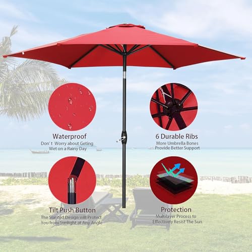 HYD-Parts 9FT Patio Umbrella Outdoor Table Umbrella,Market Umbrella with Push Button Tilt and Crank for Garden, Lawn, Deck, Backyard & Pool, with a Base (Red) - color: Red, size: Umbrella+Base
