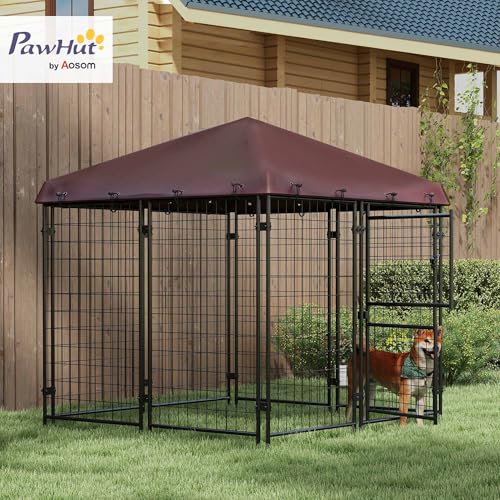PawHut 4.6' x 4.6' x 5' Dog Kennel Outdoor with Waterproof Cover, Dog Playpen for Small and Medium-Sized Breeds, Chickens, Ducks, with Two Part Door Design, Brown