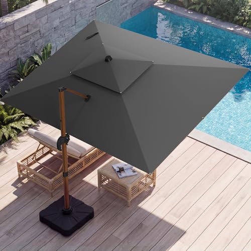 10x13 FT Wood Pattern Patio Umbrella with Base, Large Deluxe Cantilever Rectangular Double Top Heavy Duty Offset Umbrellas with 360° Rotation, Outdoor shade for Garden Pool Patio, Grey - color: Gray, size: 10x13 FT Wood with Base