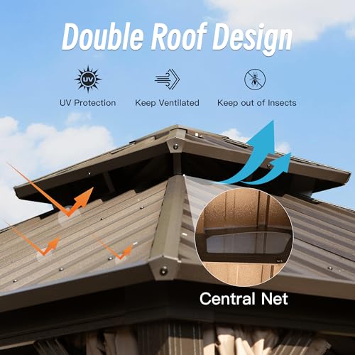 Domi 8' x 8' Hardtop Gazebo Permanent Metal Gazebo with Galvanized Steel Double Roof, Curtains and Netting for Party, Wedding, Outdoor Dining, Patio, Backyard, Brown - color: Brown, size: 8'×8' Double Roof