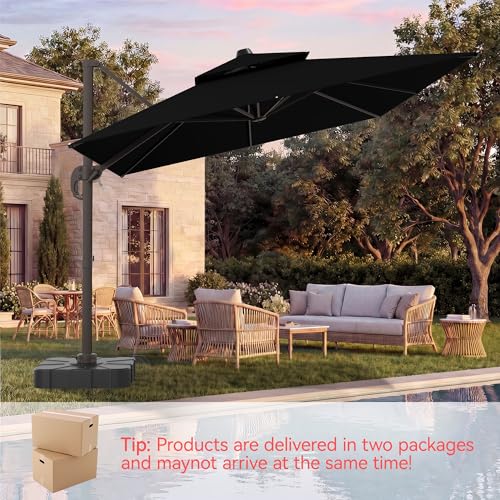 9x12 FT Patio Umbrella with base, Large Cantilever Rectangular Double Top Heavy Duty Offset Umbrellas with 360° Rotation, Outdoor shade for Garden Deck Pool, Black - color: Black, size: 9x12 FT with Base