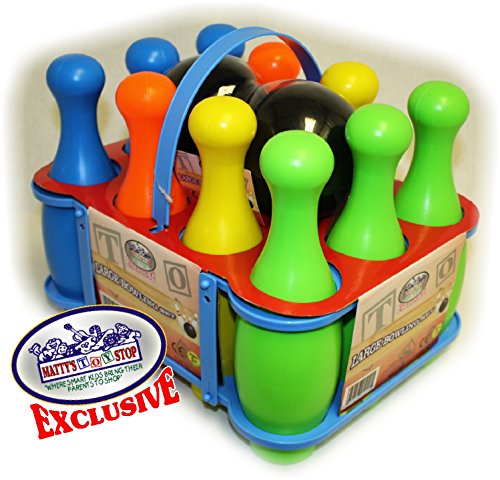 Matty's Toy Stop 10 Pin Multi-Color Deluxe Plastic Bowling Set for Kids with Storage Rack - 12 Pieces Total (10 Pins & 2 Bowling Balls)