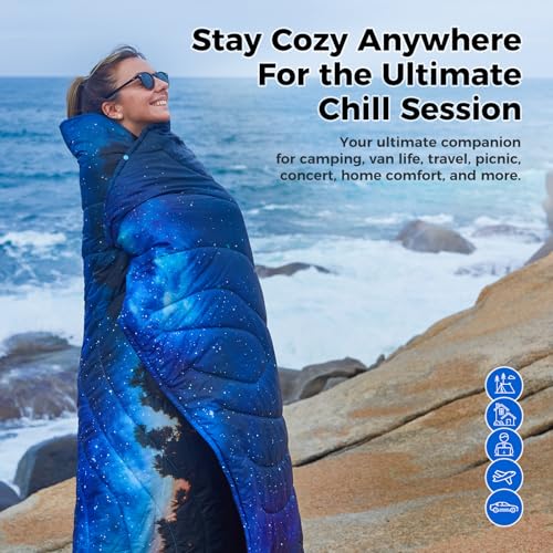KingCamp Ultralight Camping Blanket, Packable Down Alternative Puffy Printed Wearable Blanket with Snap Buttons & Corner Loops Weatherproof Quilt for Outdoor Travel Stadium (78.7"L x 57.1"W) - color: Scenictrail-starrysky, size: 79" x 57"