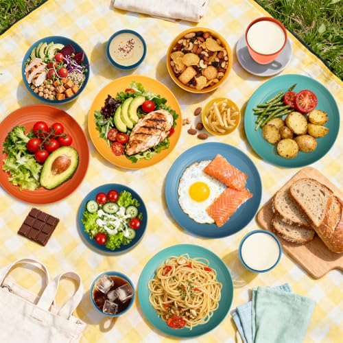 Wheat Straw Dinnerware Sets, Unbreakable Plates and Bowls Sets of 16, Kids Dinnerware Set Sevice for 4, Dishwasher & Microwave Safe Dish Set for Kitchen, Outdoor, Camping - Multi - color: Multicolor, size: 16 PCS