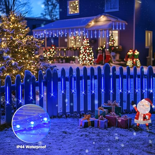 JMEXSUSS Solar Christmas Lights Outdoor, 8 Tube 144 LEDs Solar Meteor Shower Lights Outdoor, Hanging Blue Christmas Light for Tree Icicle Garden Yard Patio Gazebo Party Xmas Decor - color: Blue, size: 1*144LED