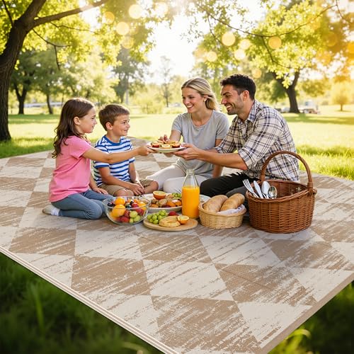 HEBE Checkered Outdoor Rug Waterproof 8x10, Reversible Plastic Straw Rug RV Camping Rug, Indoor Outdoor Patio Mat Clearance, Outside Carpet for Porch, Deck, Camper, Balcony, Backyard, Picnic - color: Light Beige, size: 8' x 10' (Rectangular)