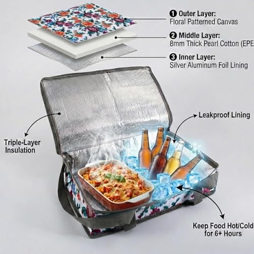 Insulated Casserole Carrier Fits Pioneer Woman Kitchen Stuff & 9x13 Baking Dish, Leakproof Lasagna Lugger Tote, Thermal Food Warmer Bag for Potluck, Picnic, Travel - Vintage Floral & Mom Gifts - color: Floral#3